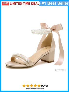 Block Heel Wedding Sandals Pearl Embellished Ankle Strap Low Heel Bridal Shoes